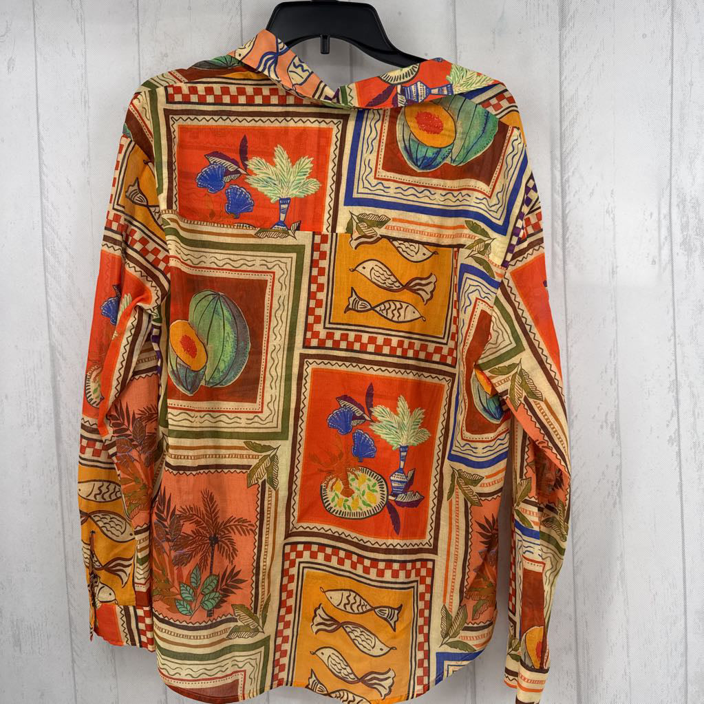L mixed print button down l/s top