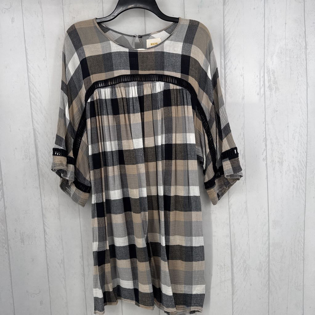 M plaid ric-rac trim 3/4 slv dress