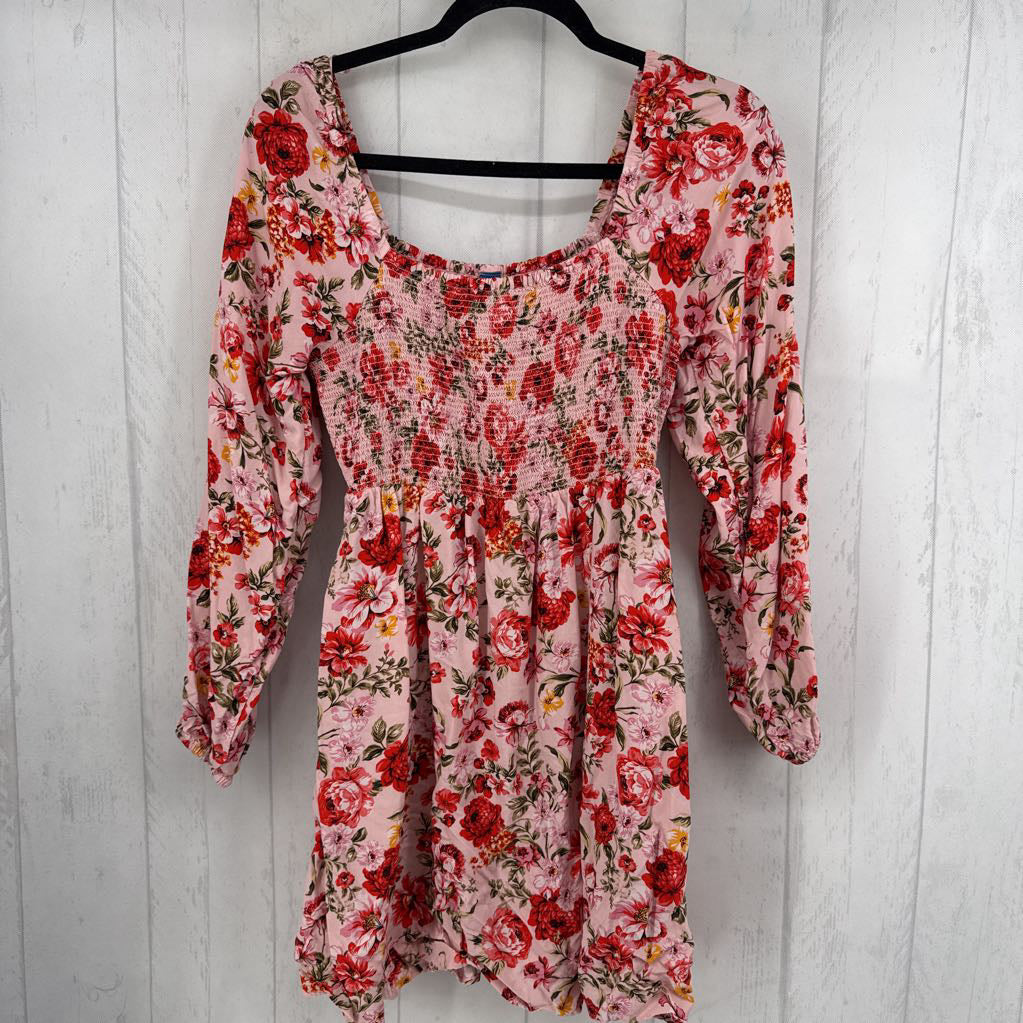 M flo print smocked l/s dress