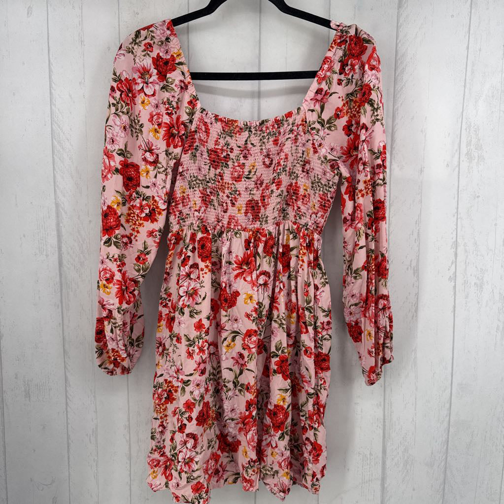 M flo print smocked l/s dress