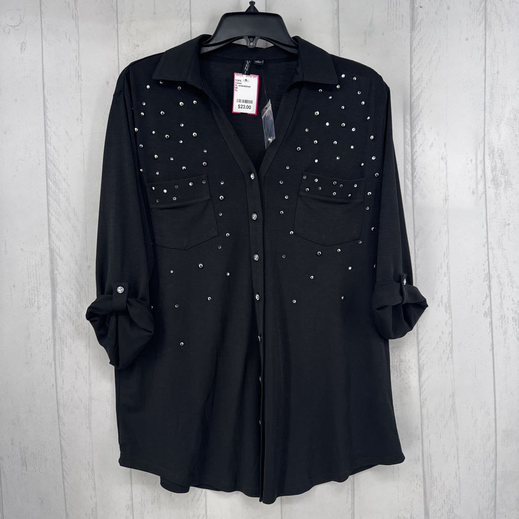 XL embelished button down tab slv top