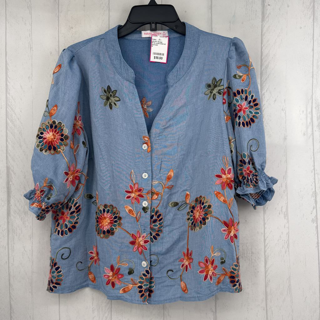M flo embroidered button down s/s top