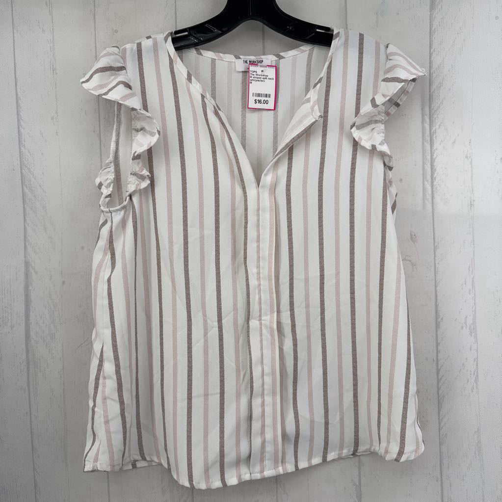 M striped split neck flutter slv top