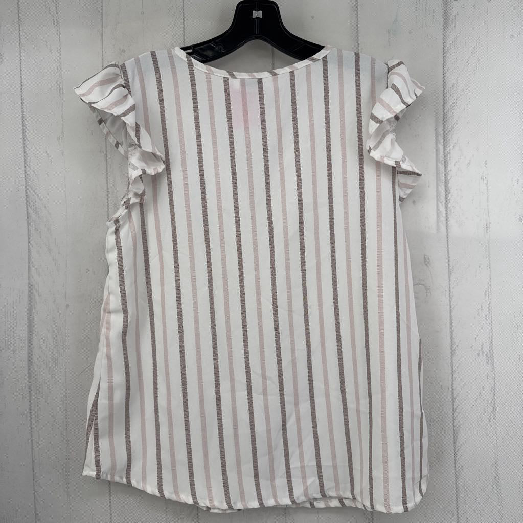 M striped split neck flutter slv top