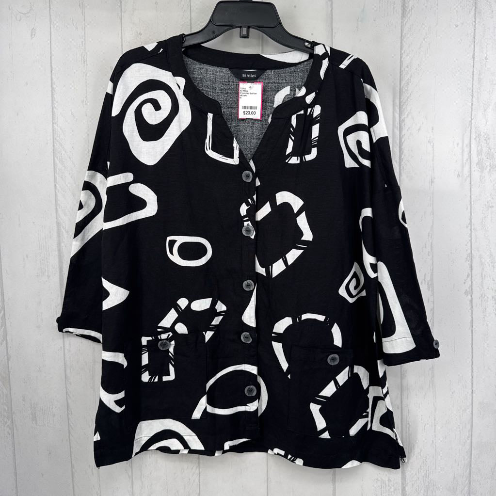 M printed button down 3/4 slv top