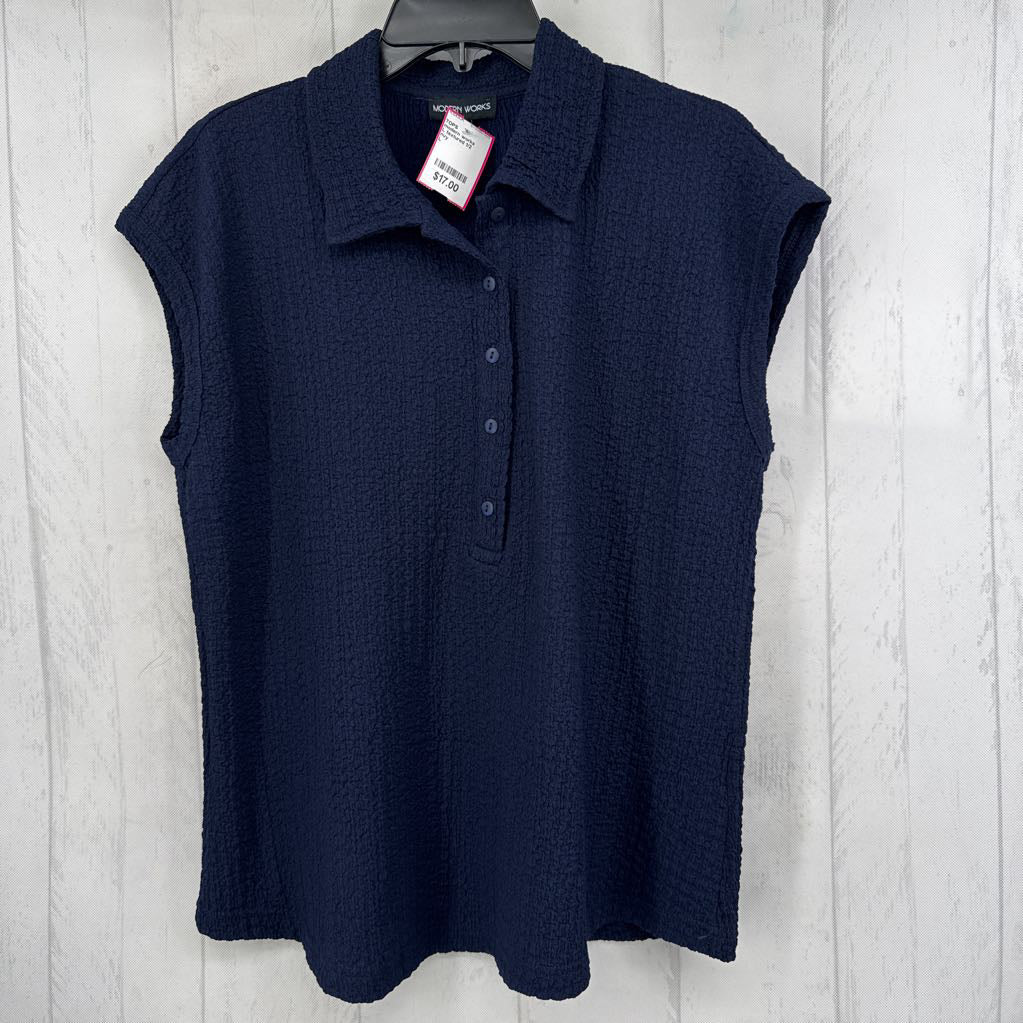 L textured 1/2 button down cap slv top