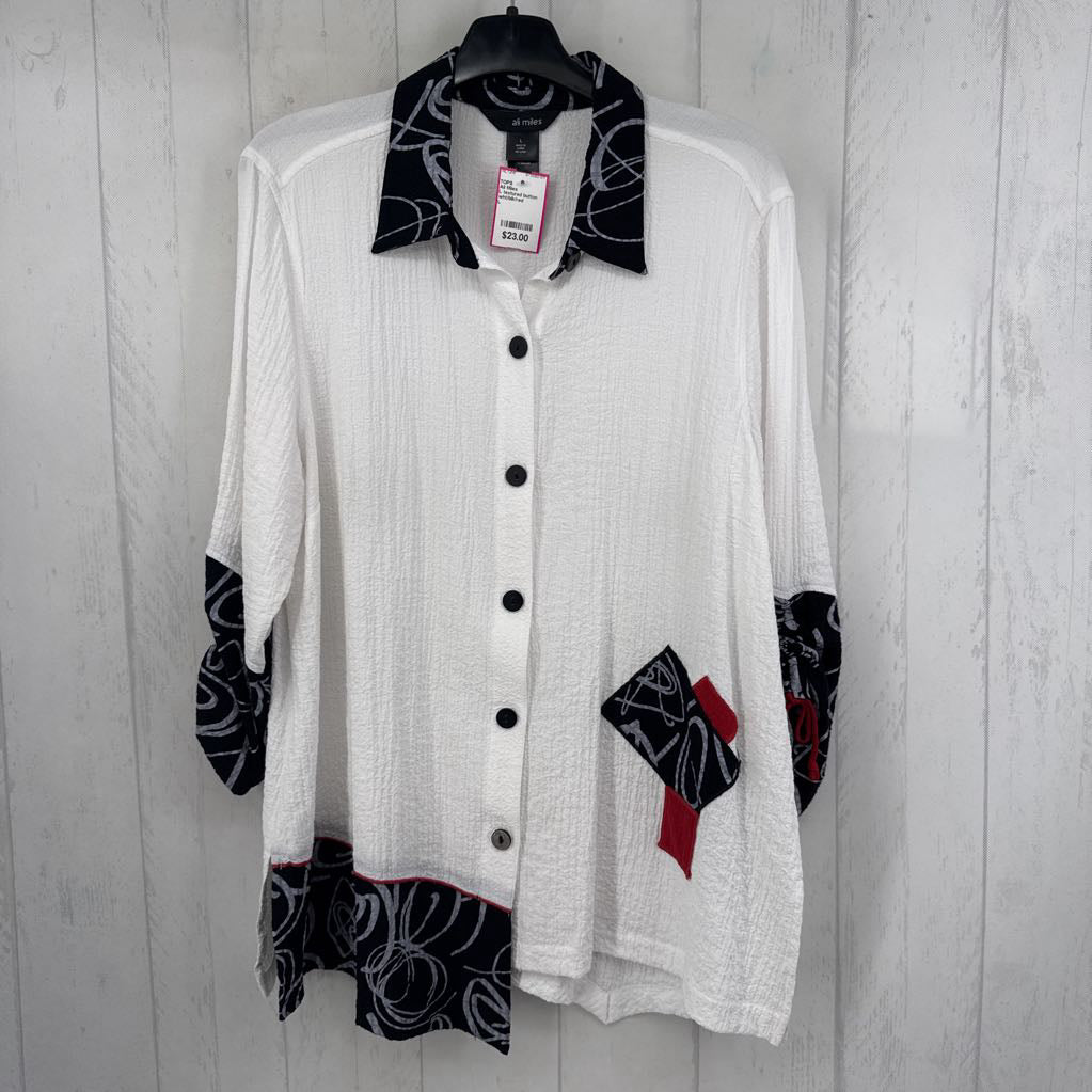 L textured button down 3/4 slv top