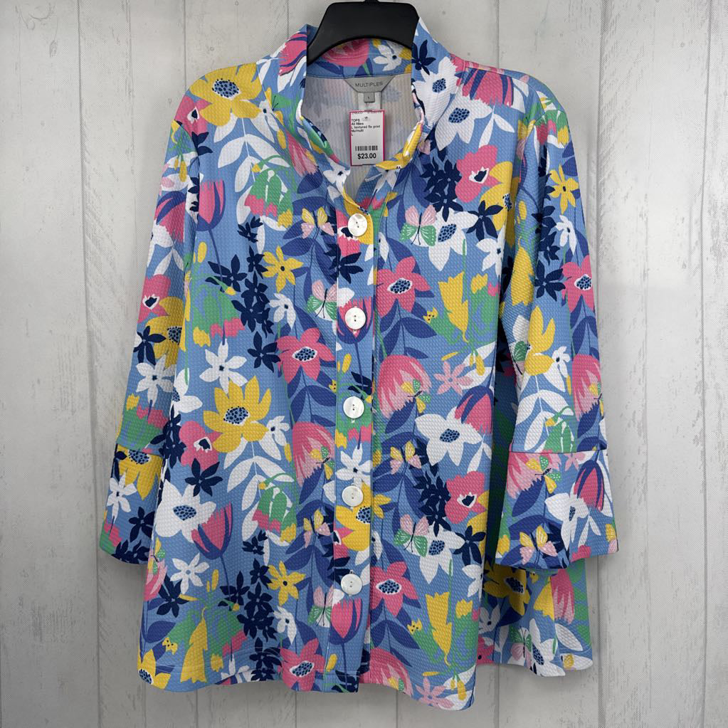 L textured flo print button down 3/4 slv top