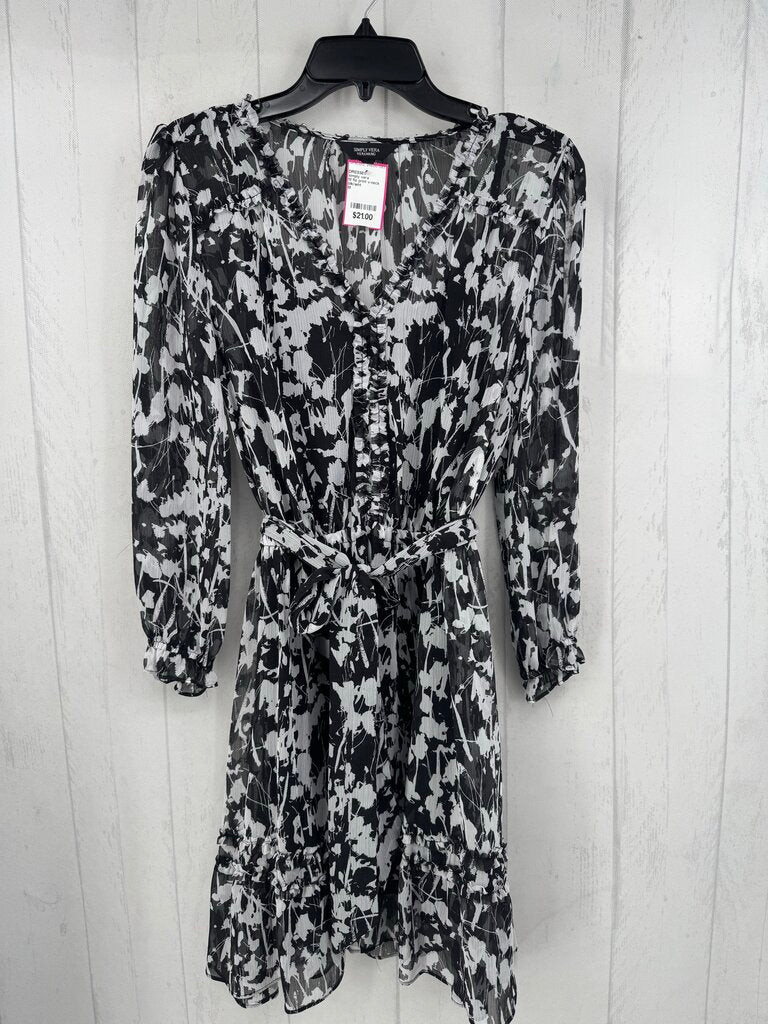 M flo print v-neck belted l/s dress