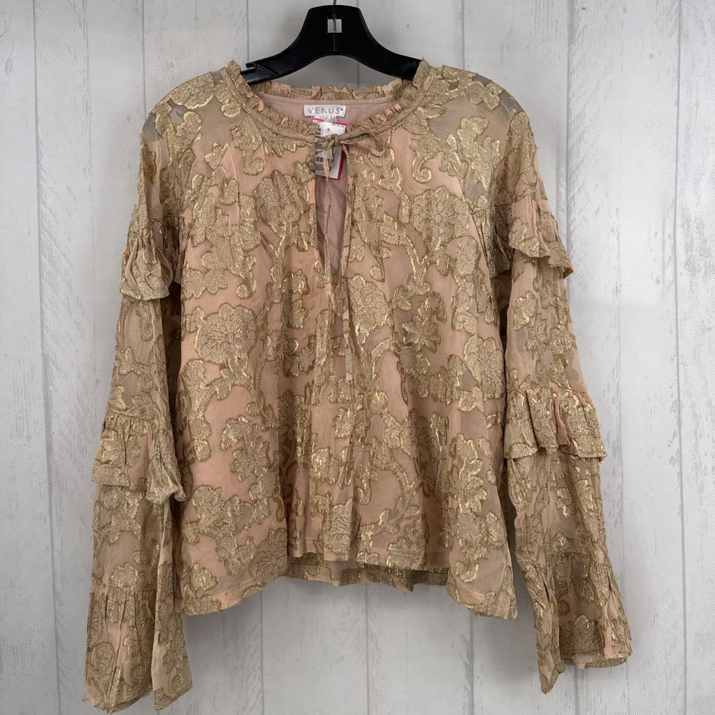 12 metallic flo jacquard tie front l/s top
