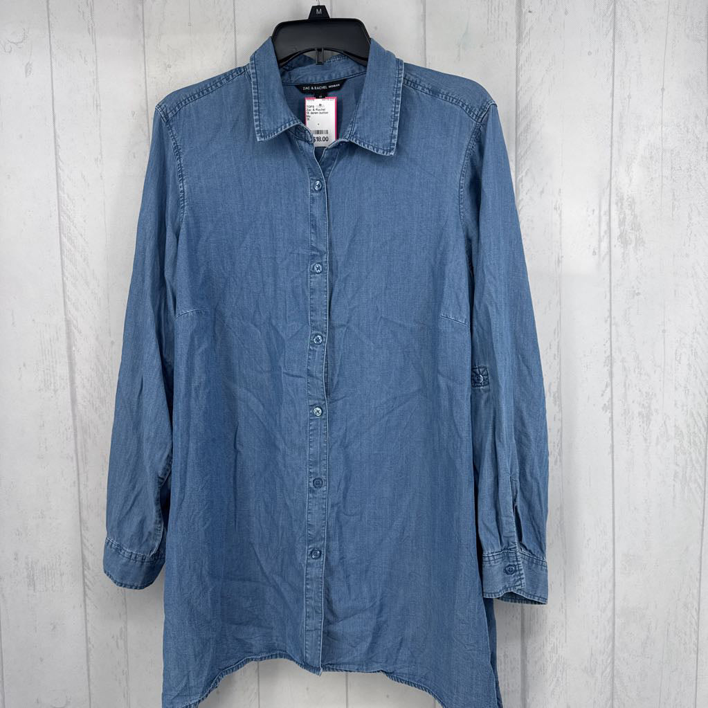 1X denim button down sharkbite hem l/s top