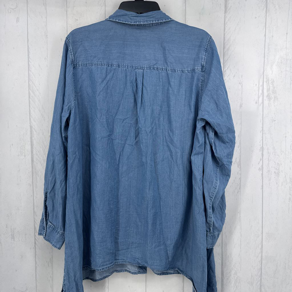 1X denim button down sharkbite hem l/s top