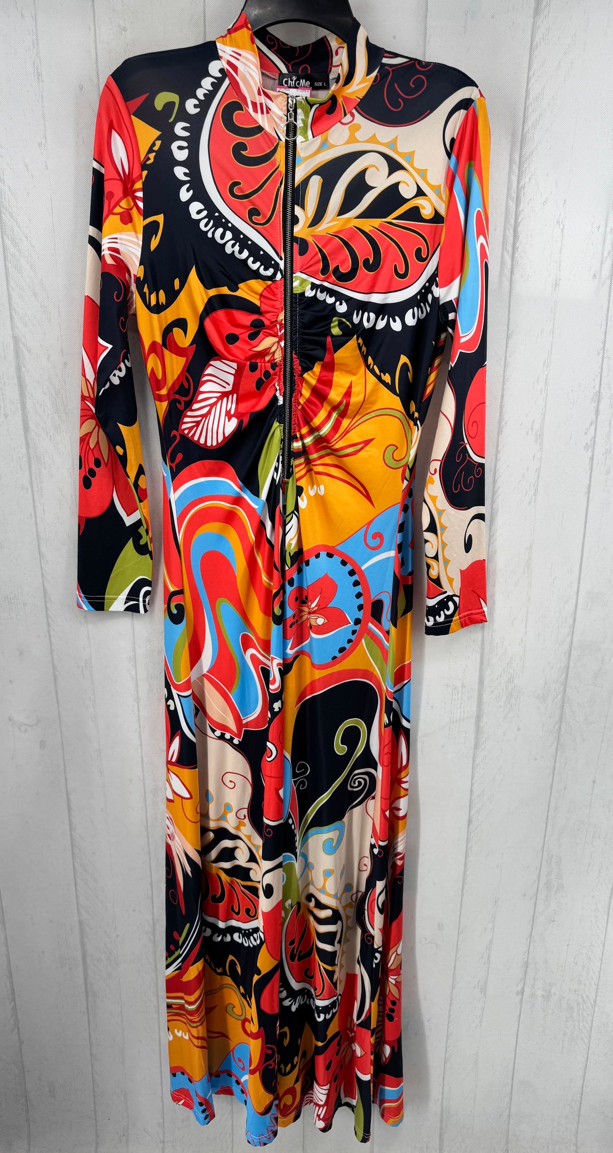 L colorful zip-front l/s dress