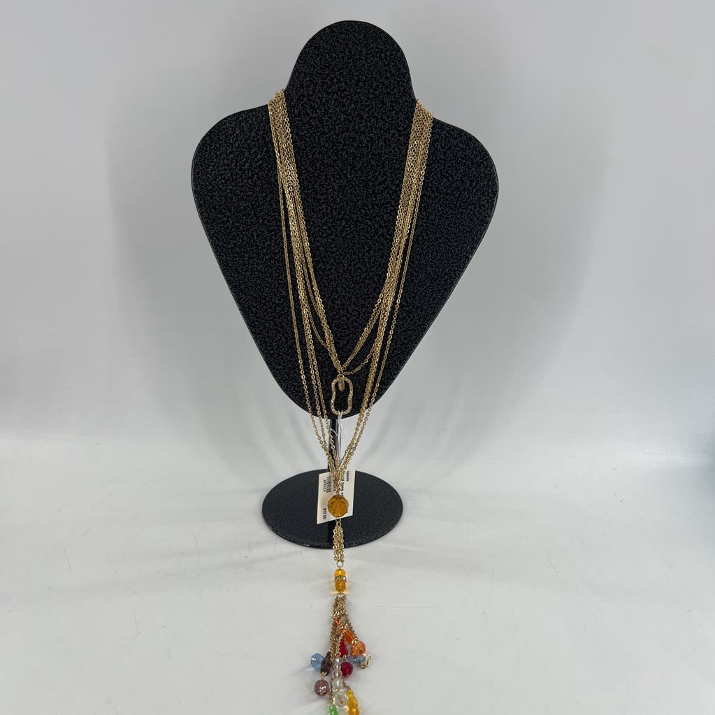 gold tone colorful beaded tassel necklace