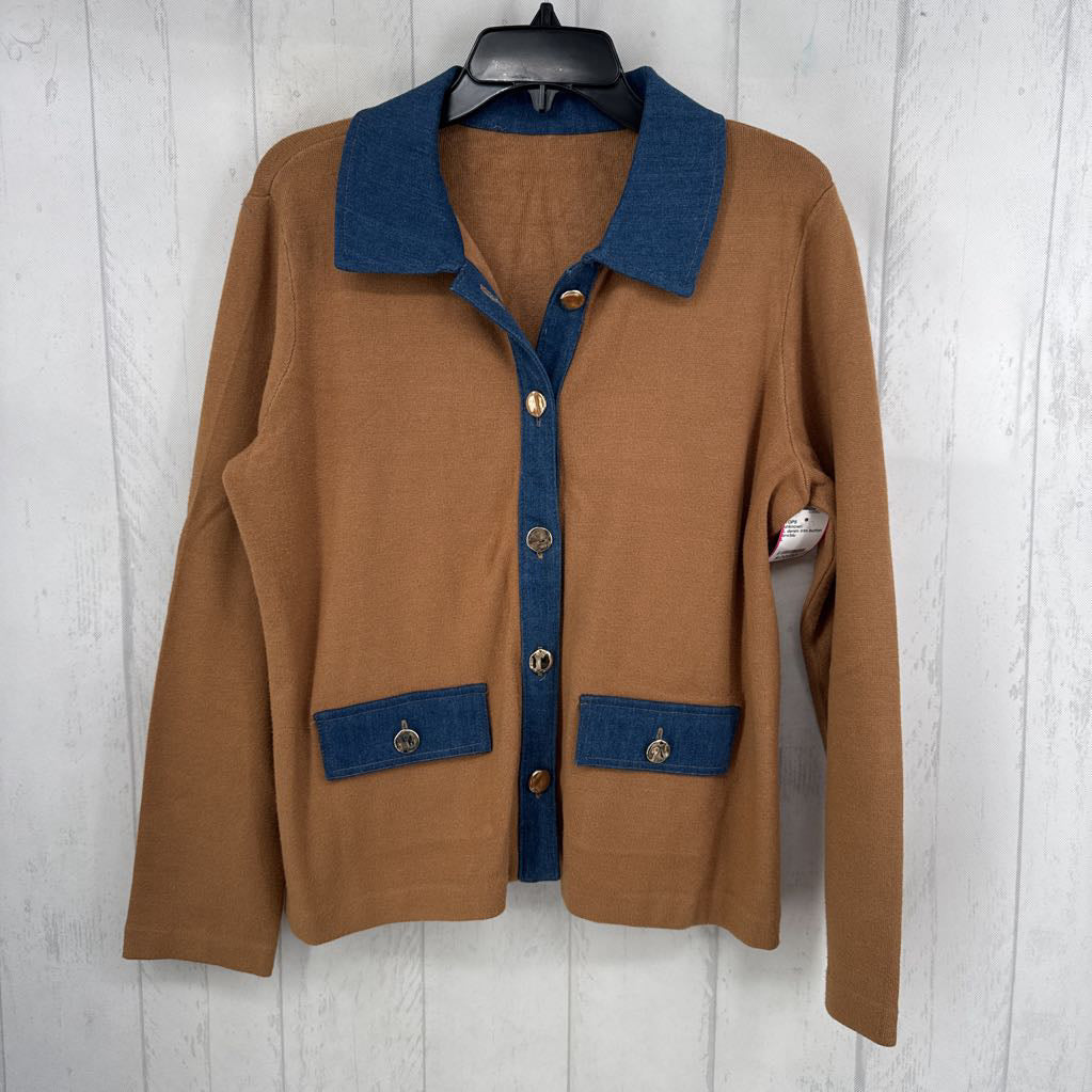 L denim trim button down knit l/s top