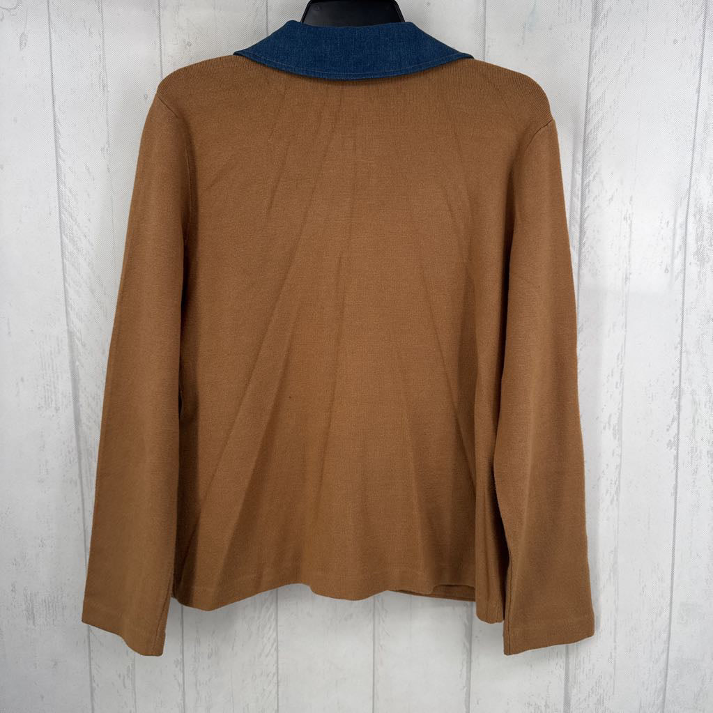 L denim trim button down knit l/s top