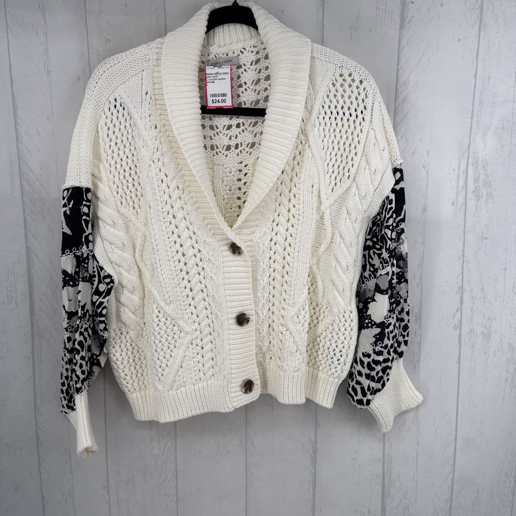L crochet button down flo print slv cardi