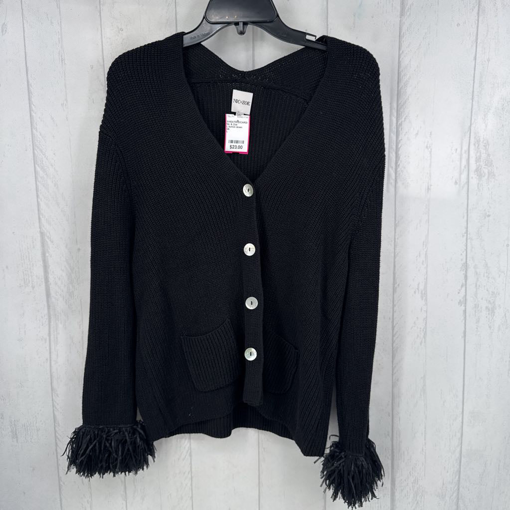 L button down fringe cuff cardi