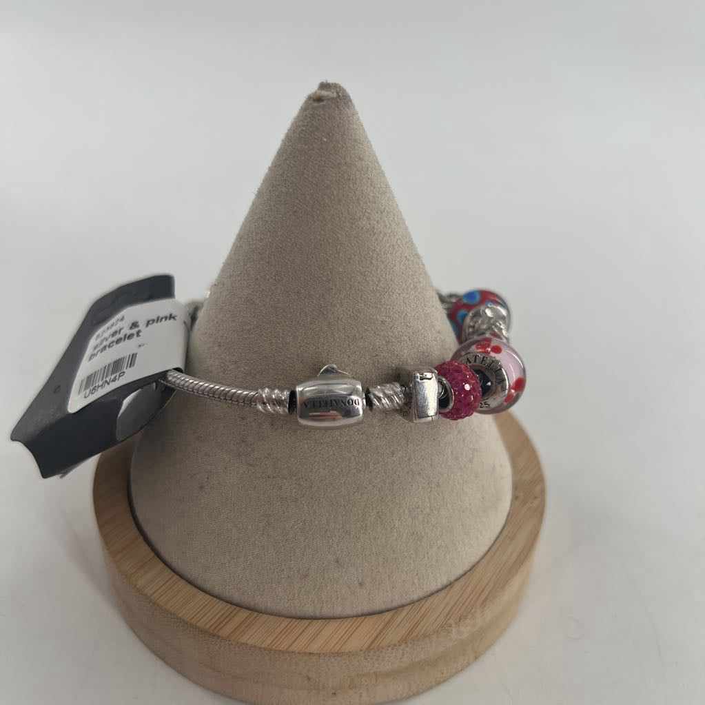 silver & pink charm bracelet
