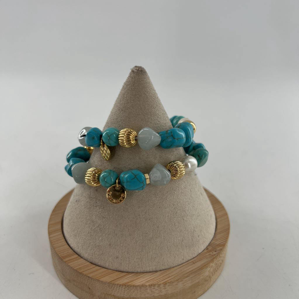 turquoise & gold stretch beaded bracelet stack