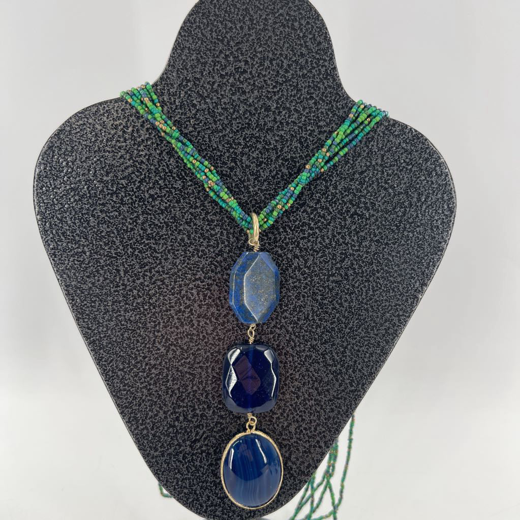 23" green & blue beaded necklace
