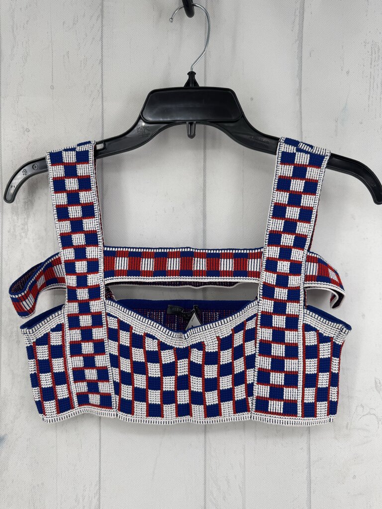 M checkered geometric pattern structural cutouts harness bra