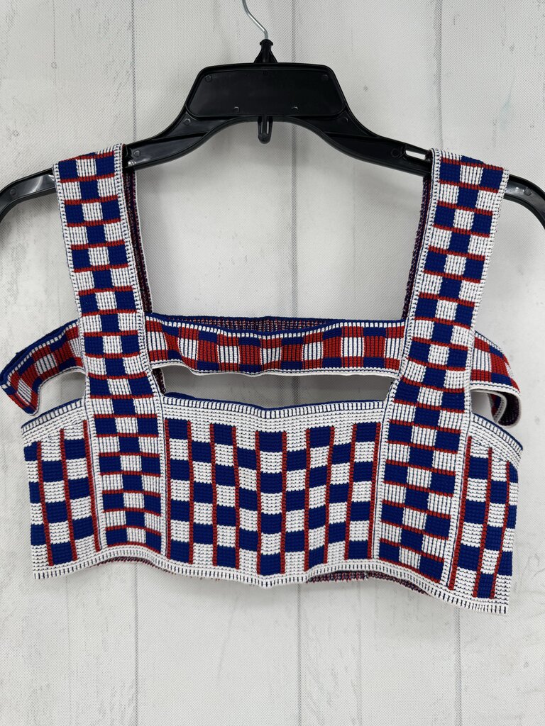 M checkered geometric pattern structural cutouts harness bra