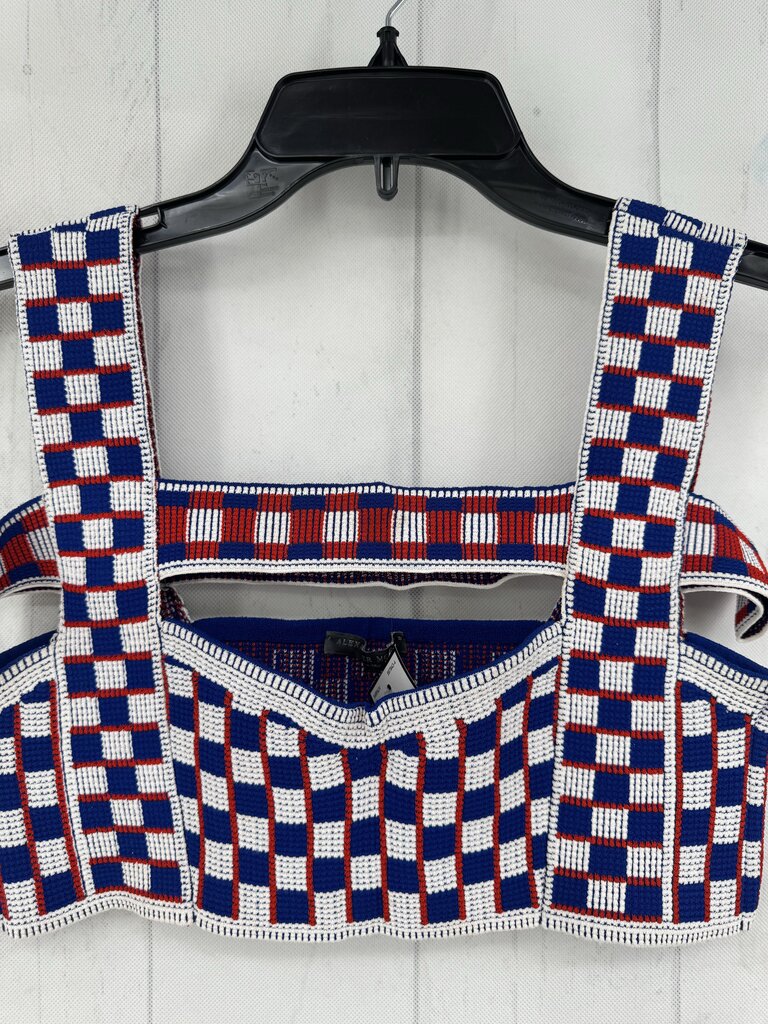 M checkered geometric pattern structural cutouts harness bra