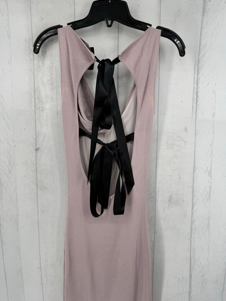 XS draped cowl neck blk ribbon tie accent cutout back maxi dress