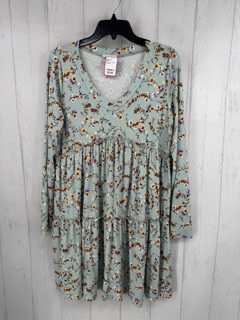 L flo print v-neck tiered l/s dress