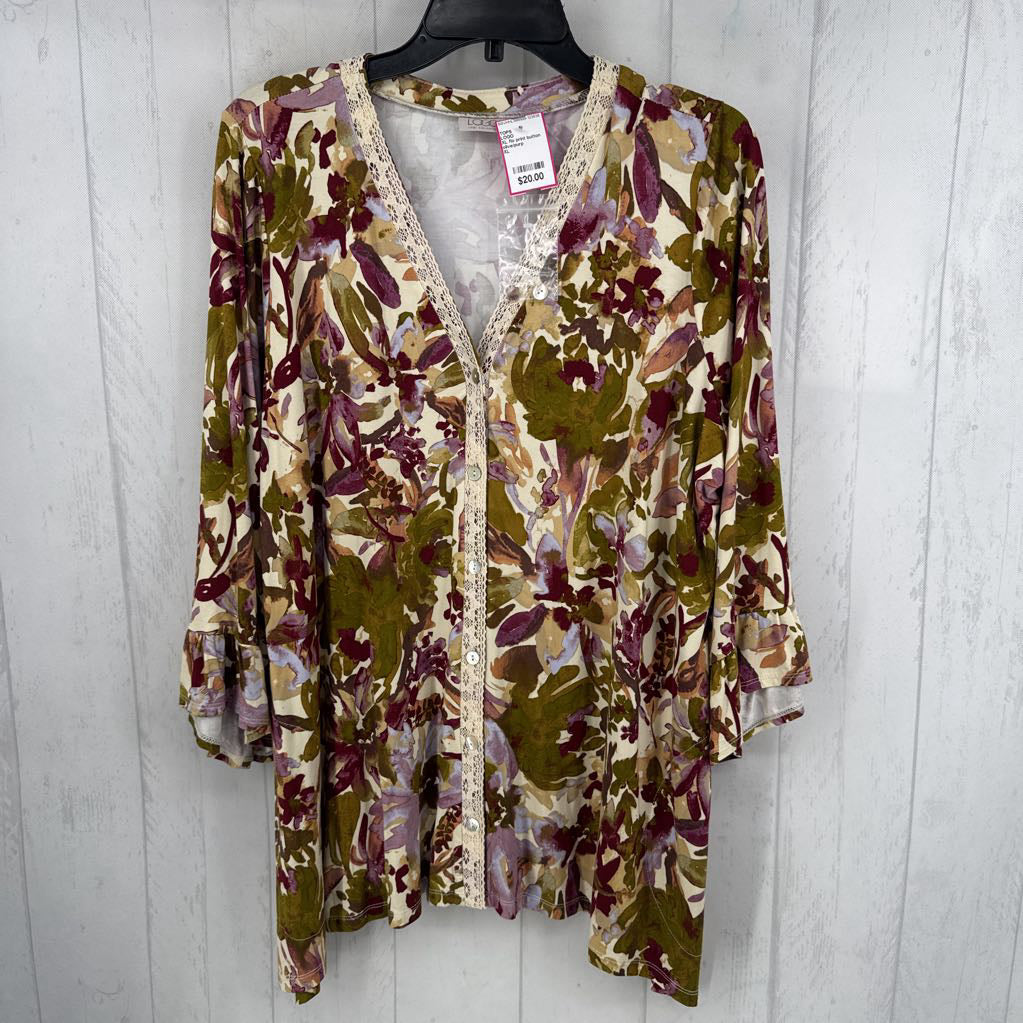 XL flo print button down 3/4 slv top