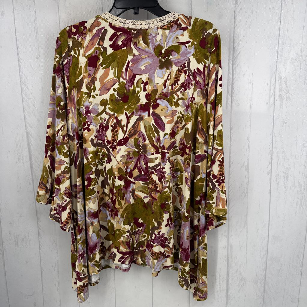 XL flo print button down 3/4 slv top