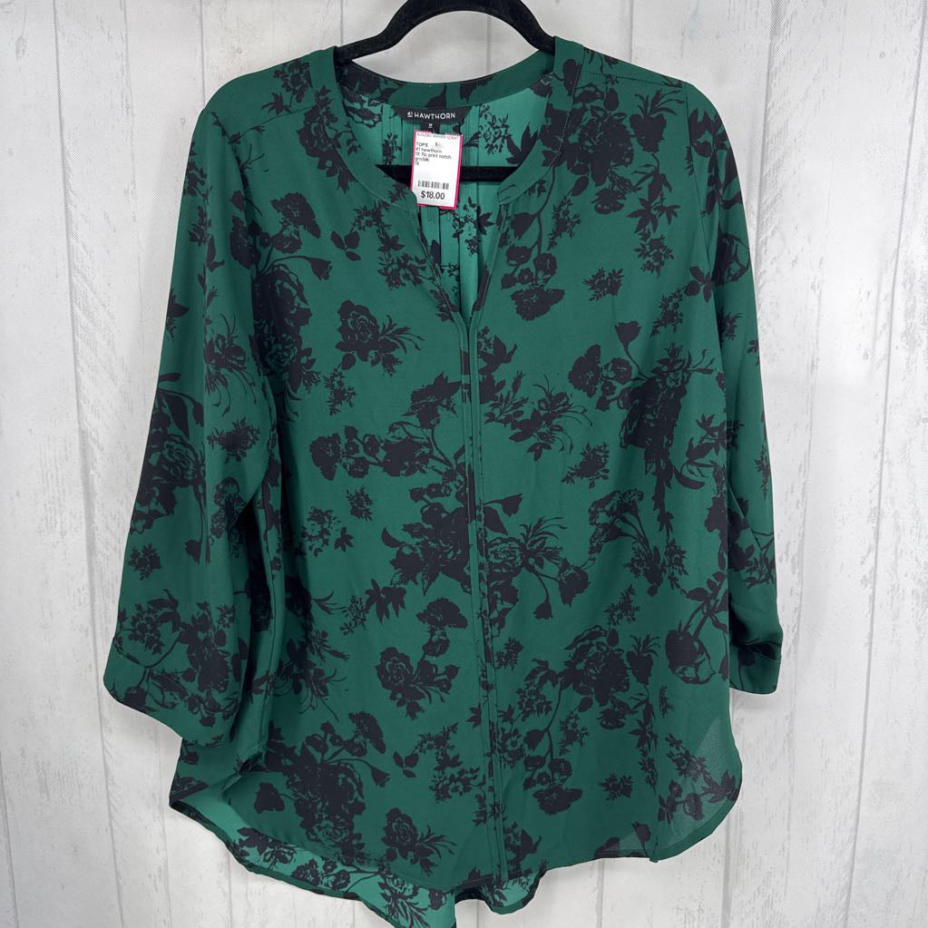1X flo print notch neck 3/4 slv top