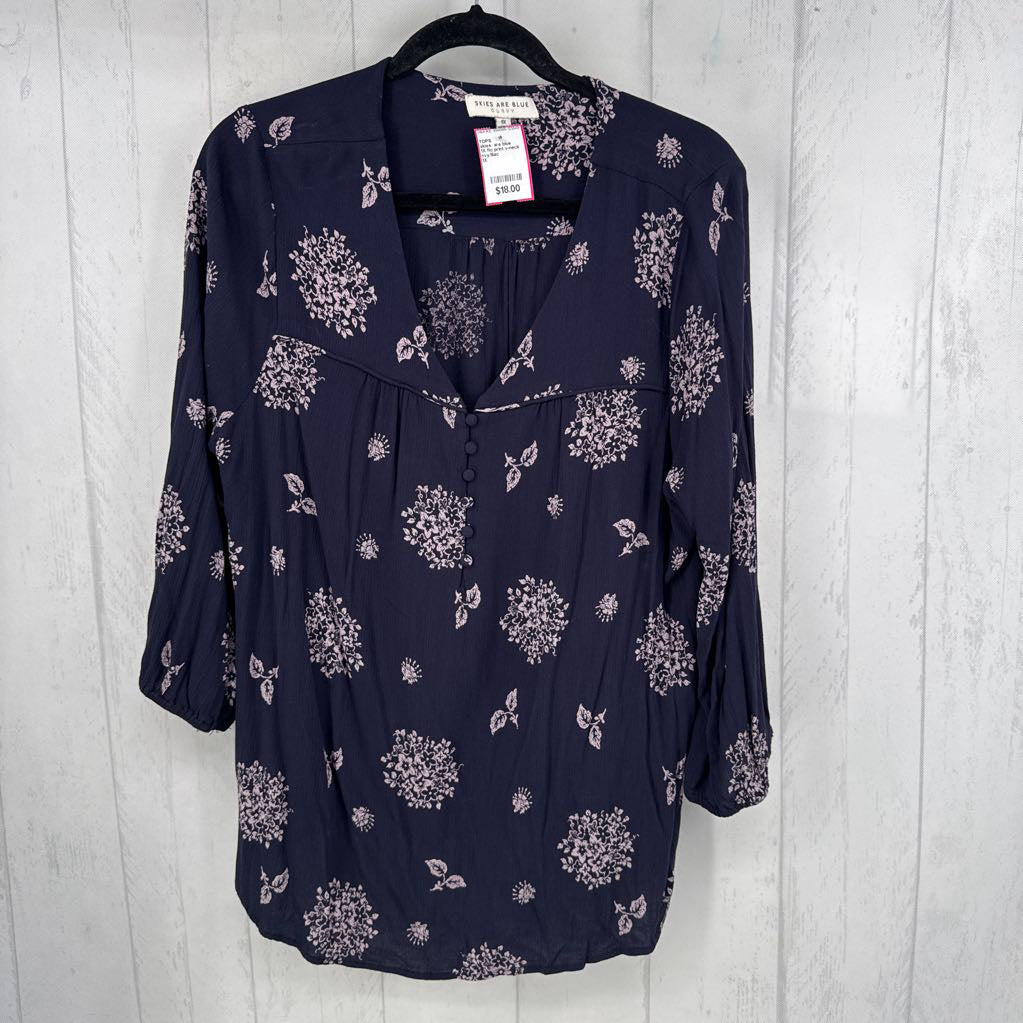 1X flo print v-neck 3/4 slv top