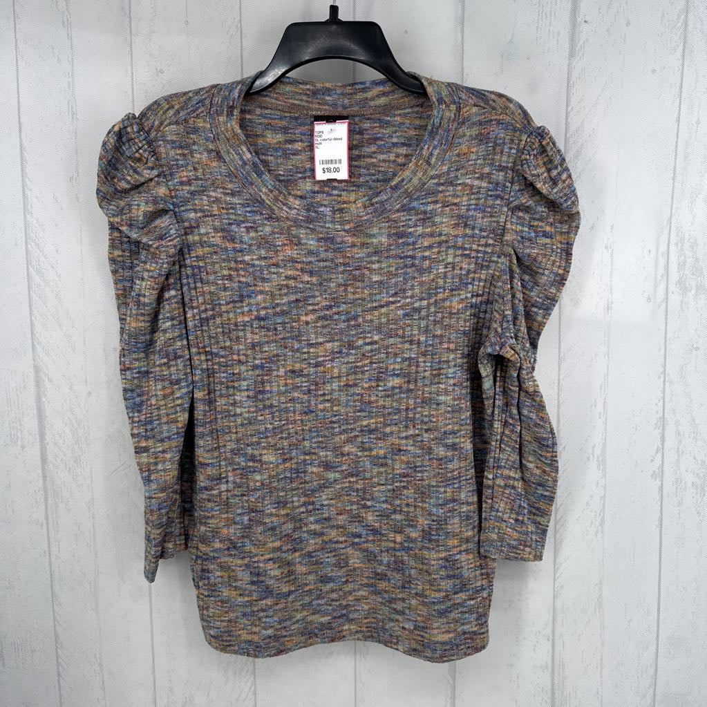 XL colorful ribbed puff shoulder 3/4 slv top
