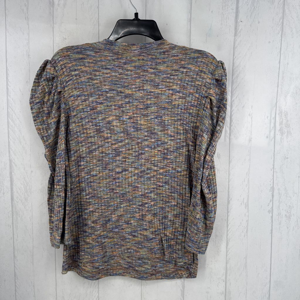 XL colorful ribbed puff shoulder 3/4 slv top