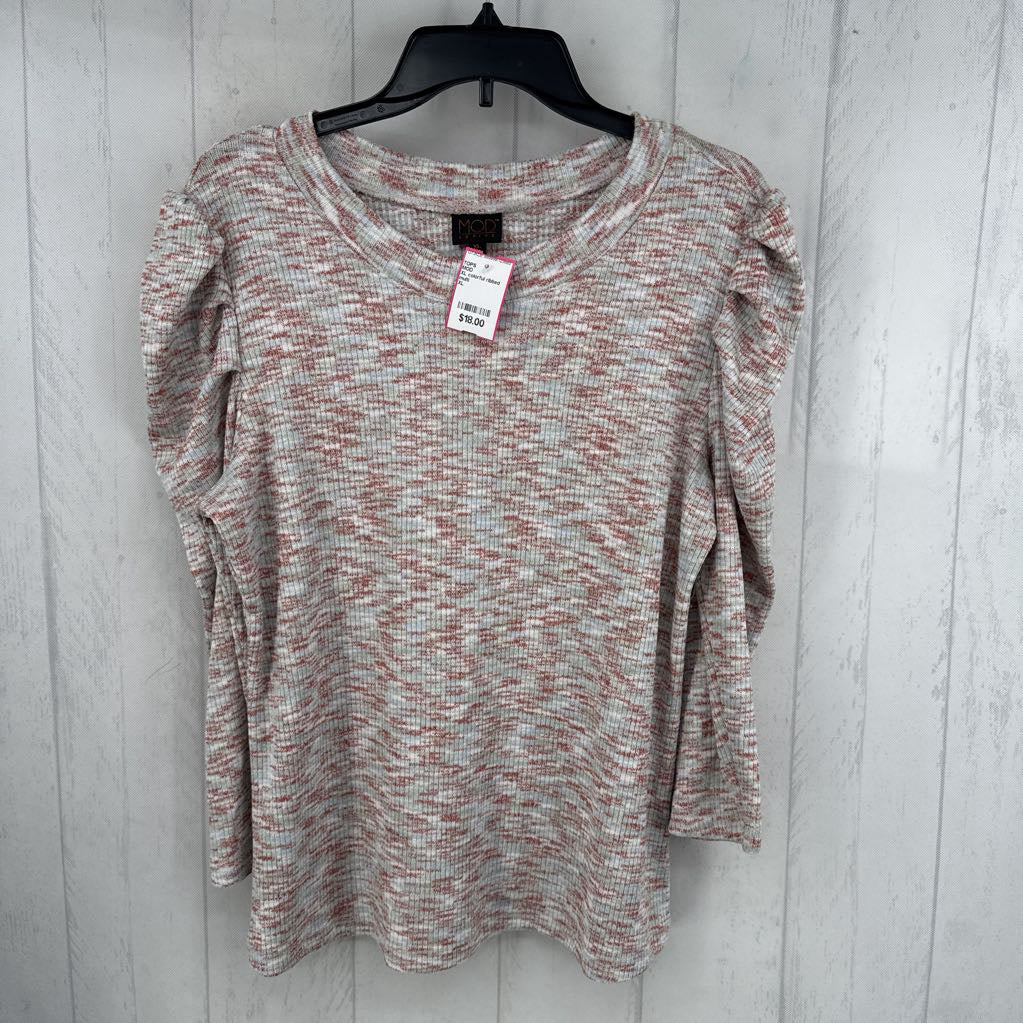 XL colorful ribbed puff shoulder 3/4 slv top