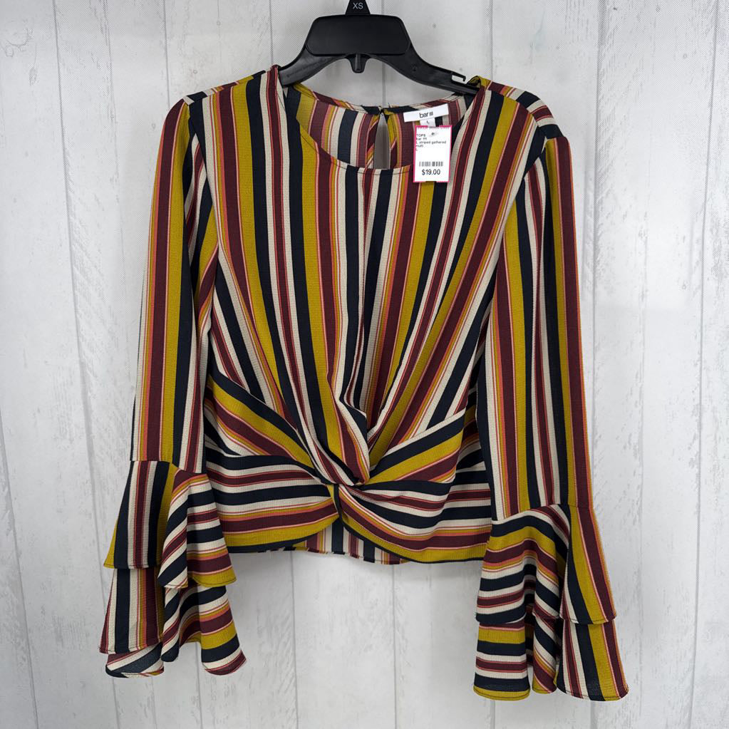 L striped gathered flutter slv top l/s