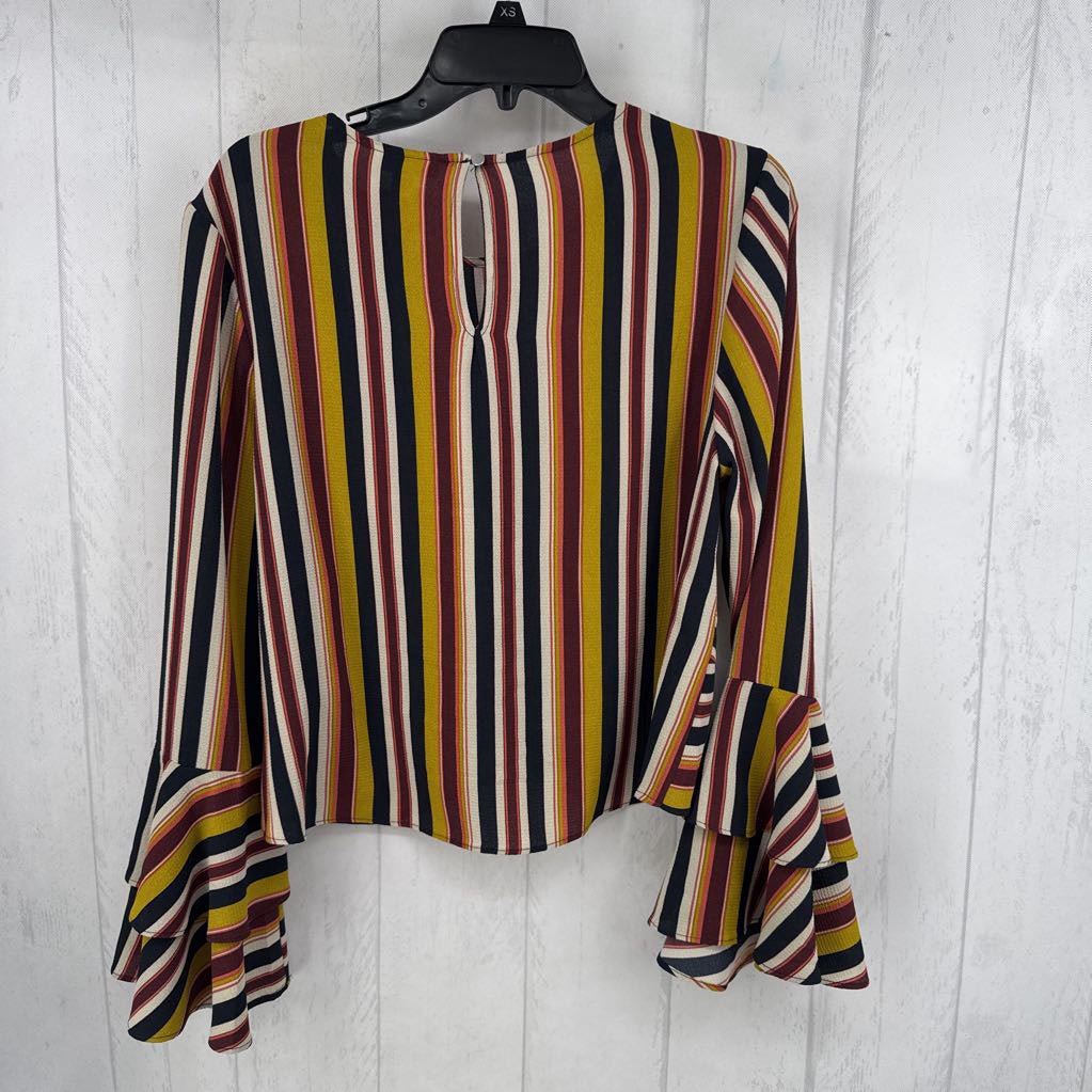 L striped gathered flutter slv top l/s