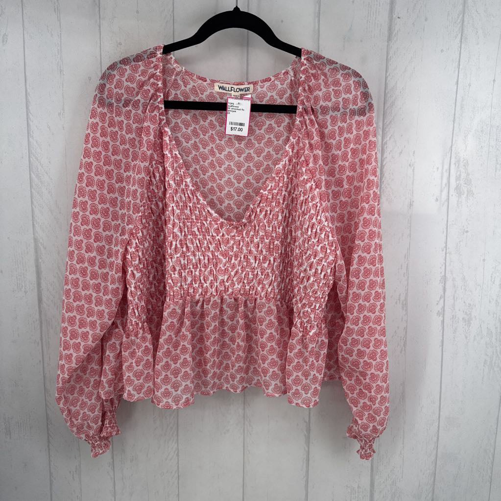 2X smocked flo print l/s peplum top