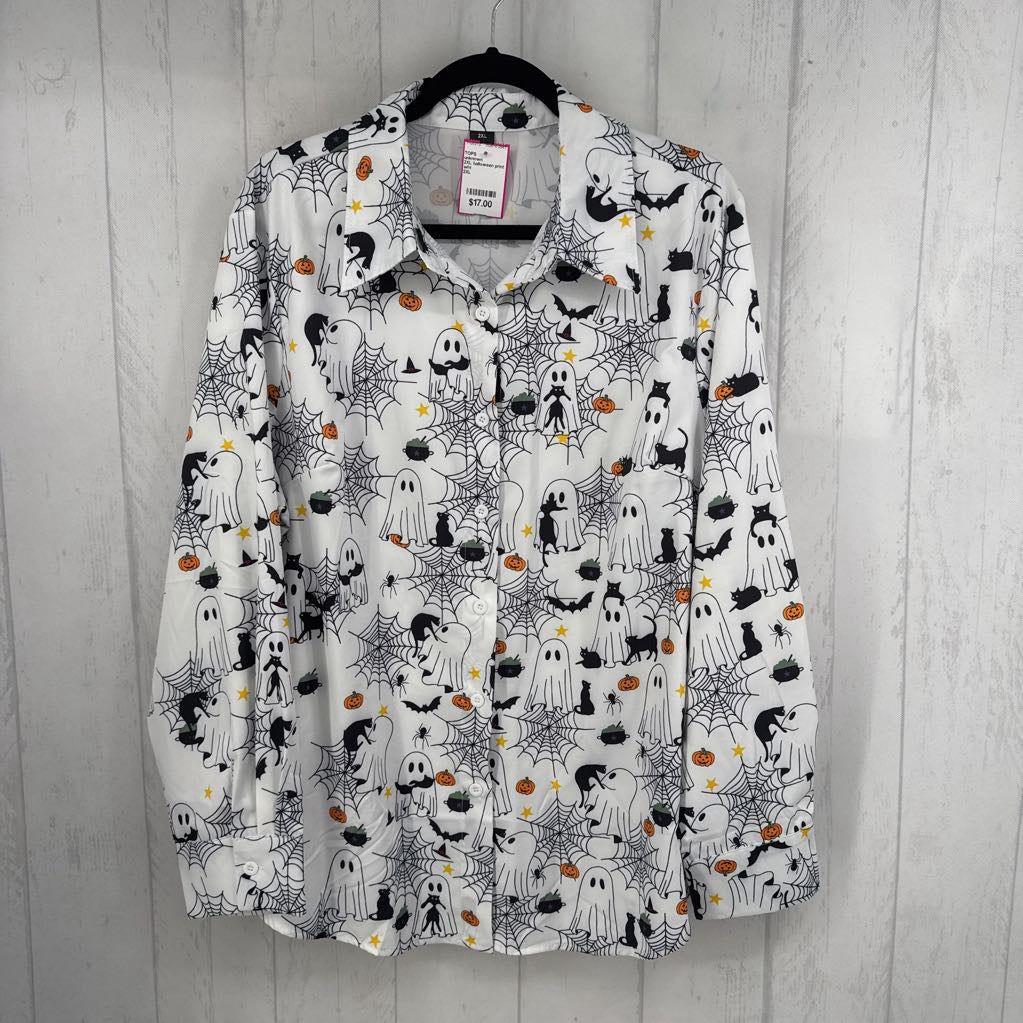 2XL halloween print button down l/s top