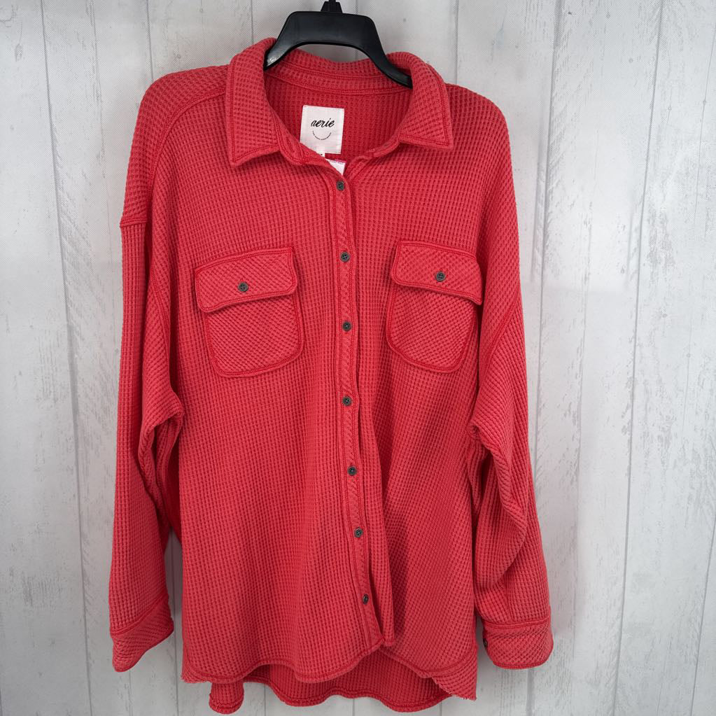 M waffle knit button down l/s top