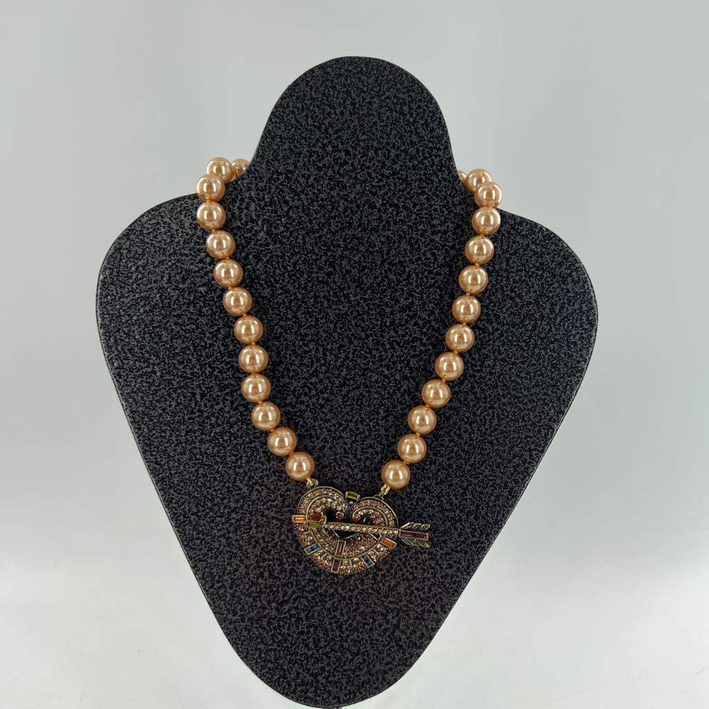 peach tone pearl necklace w/ heart & arrow pendant