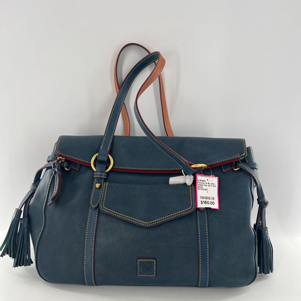tassel top zip front flap pocket satchel