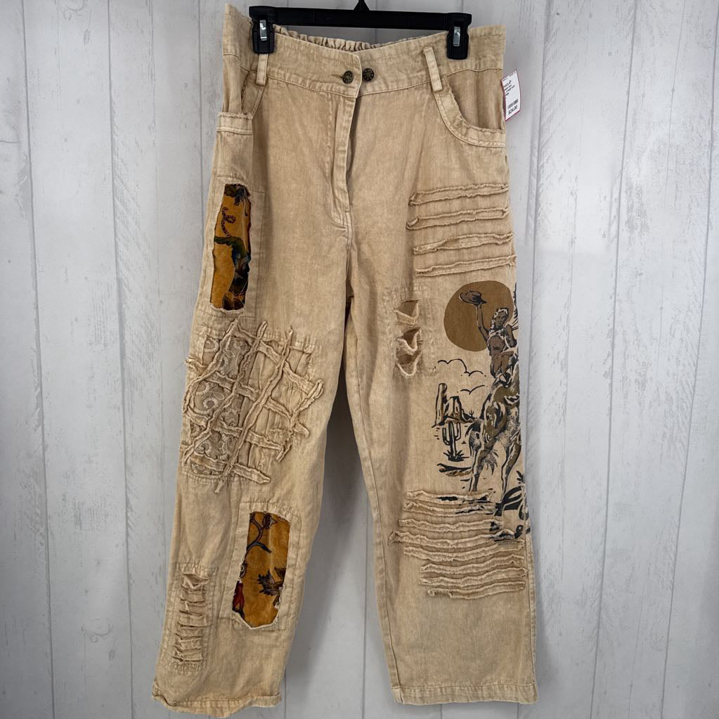 L cowgirl print patchwork barrel leg pant