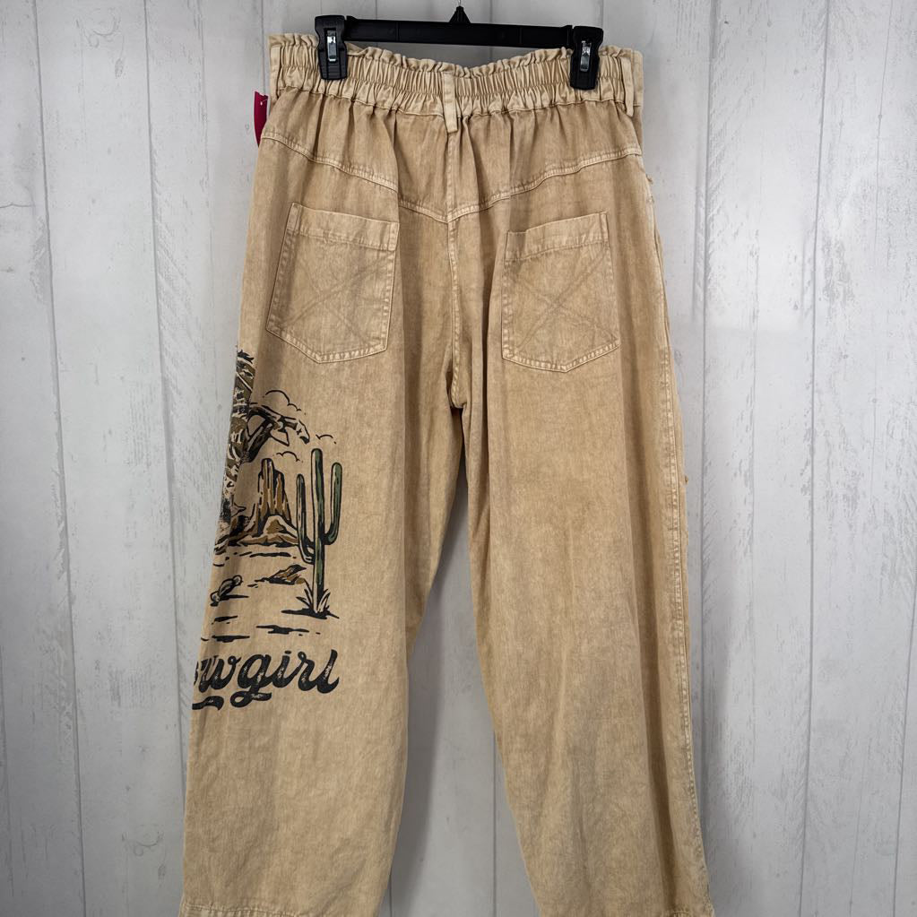 L cowgirl print patchwork barrel leg pant