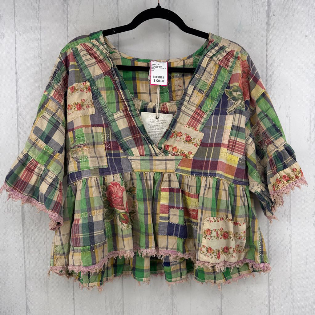 O/S plaid & floral v-neck s/s peplum top