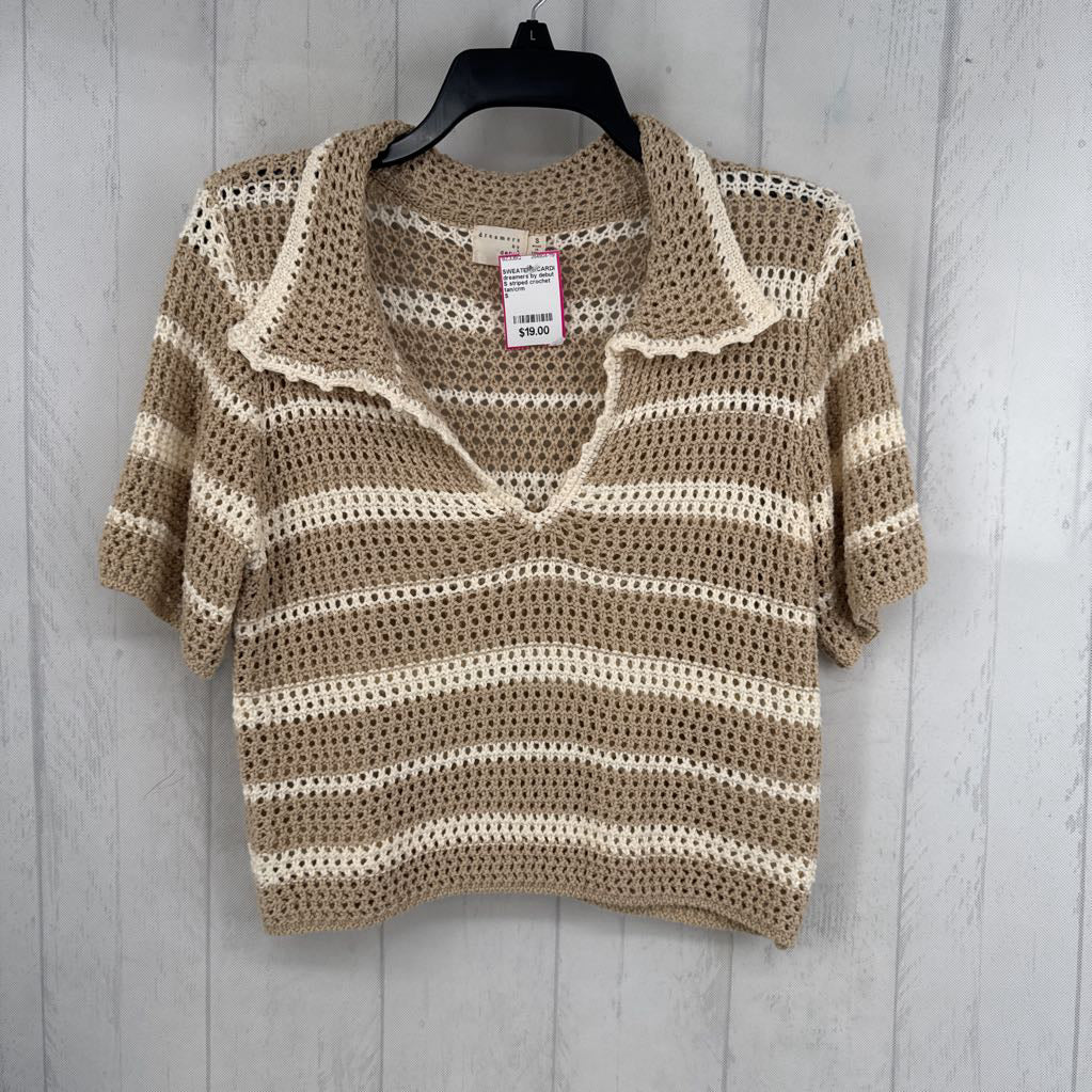 S striped crochet split neck s/s sweater