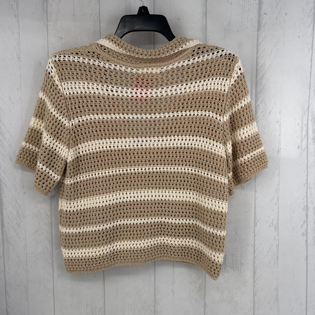 S striped crochet split neck s/s sweater