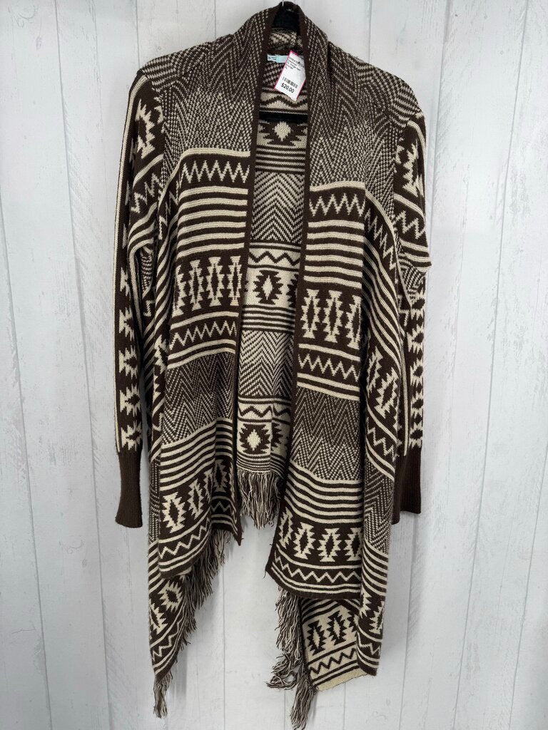 XL fringe hem draped front sweater